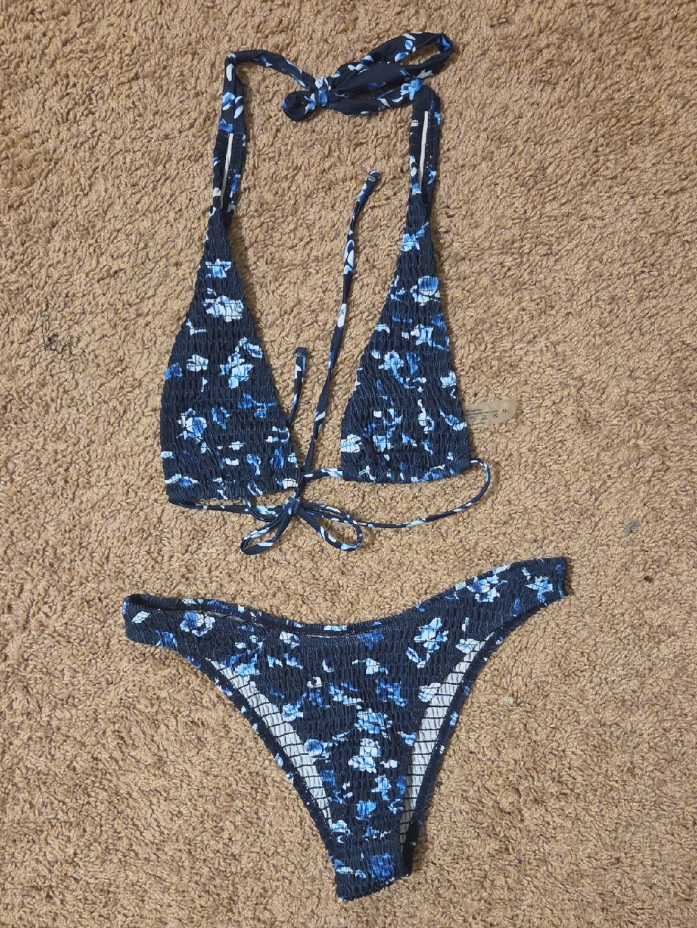 Blue Floral Smocked Bikini Set